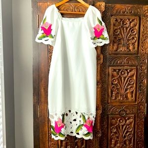 JESUS A DIAZ Authentic white Mexican shift dress vibrant embroidery & cut outs